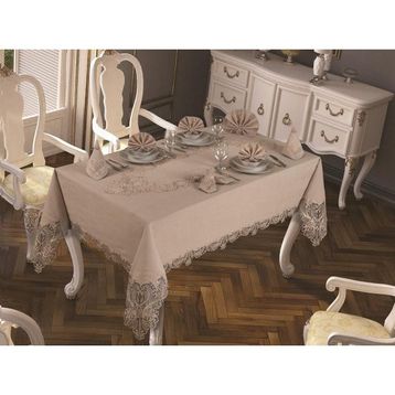 Çeyiz Diyarı Fransız Güpürlü Yasemin 18 Parça Cappucino Masa Örtüsü Takımı