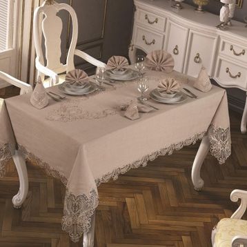 Çeyiz Diyarı Fransız Güpürlü Yasemin 18 Parça Cappucino Masa Örtüsü Takımı