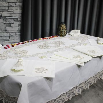 Çeyiz Diyarı Gülfem 8 Kişilik Krem Cappucino Masa Örtüsü Takımı