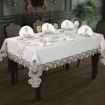 Çeyiz Diyarı Gülfem 8 Kişilik Krem Cappucino Masa Örtüsü Takımı