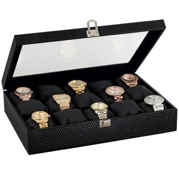 Chavin ST15-24 15 Li Diamond Siyah Deri Ahşap Camlı Saat Kutusu