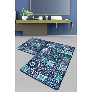 Chilai Home Carres Bleus Djt 2'li Set Banyo Paspası Kaymaz Tabanlı Banyo Halısı Klozet Takımı