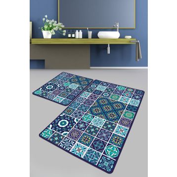 Chilai Home Carres Bleus Djt 2'li Set Banyo Paspası Kaymaz Tabanlı Banyo Halısı Klozet Takımı