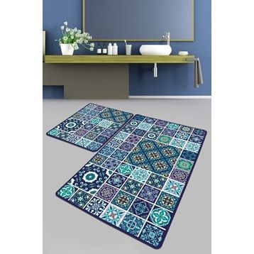 Chilai Home Carres Bleus Djt 2'li Set Banyo Paspası Kaymaz Tabanlı Banyo Halısı Klozet Takımı