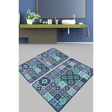 Chilai Home Carres Bleus Djt 3'lü Set Banyo Paspası Kaymaz Tabanlı Banyo Halısı Klozet Takımı