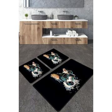 Chilai Home Glasses Dog Djt 3'lü Set Banyo Paspası Kaymaz Tabanlı Banyo Halısı Klozet Takımı