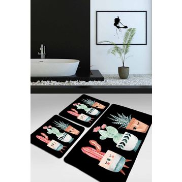 Chilai Home Happy Cactus Djt Siyah 3'lü Set Banyo Halısı Klozet Takımı