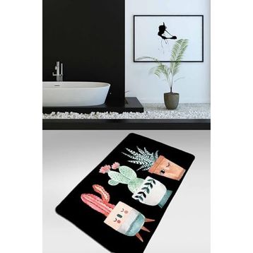 Chilai Home Happy Cactus Djt Siyah 70x120 cm Kaymaz Yıkanabilir Banyo Halısı