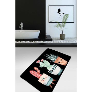 Chilai Home Happy Cactus Djt Siyah 70x120 cm Kaymaz Yıkanabilir Banyo Halısı