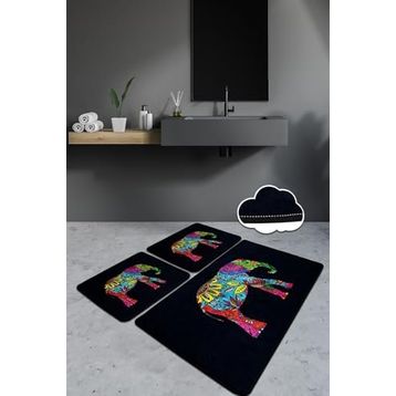 Chilai Home Olifant Siyah 3'lü Set Paspas Yıkanabilir Kaymaz Taban Banyo Halısı Klozet Takımı
