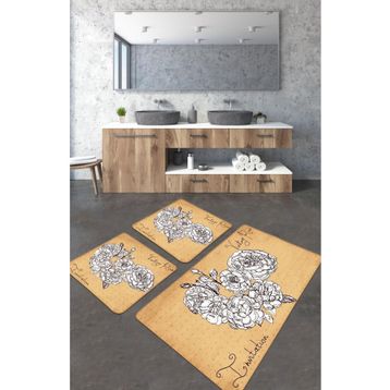Chilai Home Vintage Roses 3'lü Set Djt Banyo Halısı Kaymaz Tabanlı Klozet Takımı Paspas Seti