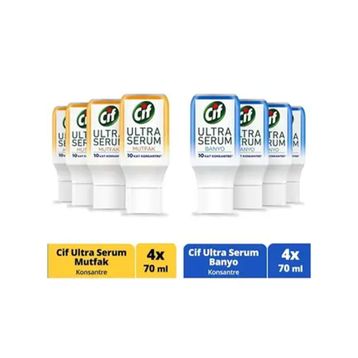 Cif Ultra Serum Kapsül Mutfak 4x70 ml ve Banyo 4x70 ml 10 Kat Konsantre Temizleyici