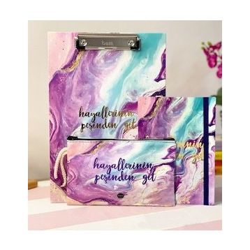 Çılgıntrend Hayallerinin Peşinden Git Tasarımlı Sekreterlik Kalemlik Mor Renk Lastikli Defter