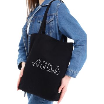 Çınar 0376 Minik Kediler Baskılı Siyah Kanvas Bez Çanta
