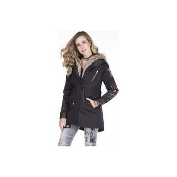 Cipo&Baxx WJ136 Boncuk İşleme Çiçek Nakışlı Kürklü Kadın Mont