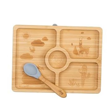 Citron 1073582 Bölmeli Vakum Tabanlı Organik Bambu Kare Yemek Takımı