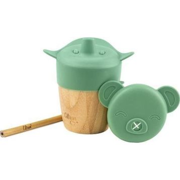 Citron 1073629 Green 2'si 1 Arada Kapaklı ve Pipetli Organik Bambu Alıştırma Bardağı