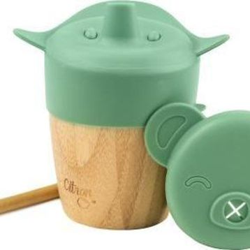 Citron 1073629 Green 2'si 1 Arada Kapaklı ve Pipetli Organik Bambu Alıştırma Bardağı