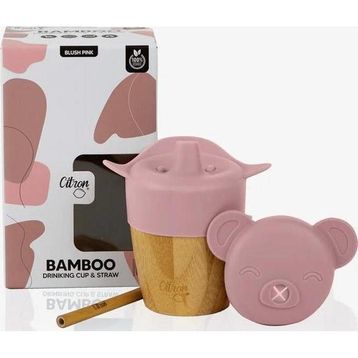 Citron 1073643 Pink 2'si 1 Arada Kapaklı ve Pipetli Organik Bambu Alıştırma Bardağı