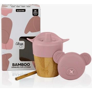 Citron 1073643 Pink 2'si 1 Arada Kapaklı ve Pipetli Organik Bambu Alıştırma Bardağı