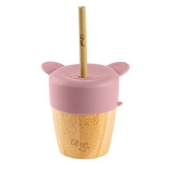 Citron 1073643 Pink 2'si 1 Arada Kapaklı ve Pipetli Organik Bambu Alıştırma Bardağı