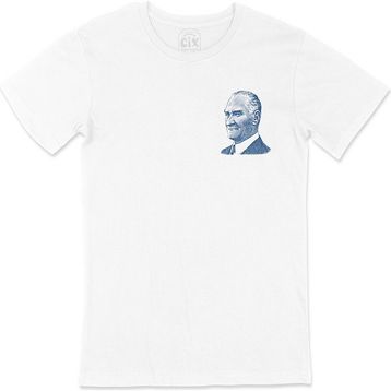 Cix Atatürk Mavi Silüetli Cep Logo Tasarımlı Beyaz Tişört