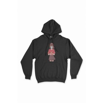 Cix Maskeli Anime Kız Siyah Kapüşonlu Sweatshirt