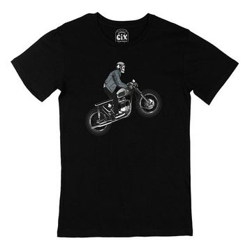 Cix Motorcu Kuru Kafa Baskılı Yuvarlak Yaka Siyah T-shirt