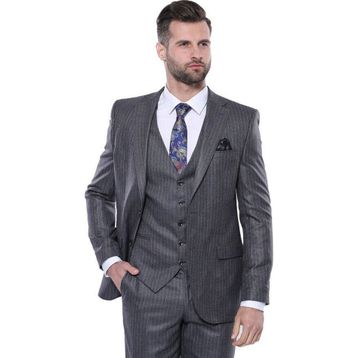 Çizgili Slim Fit Gri Yelekli Takım Elbise