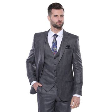 Çizgili Slim Fit Gri Yelekli Takım Elbise
