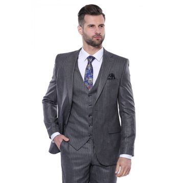 Çizgili Slim Fit Gri Yelekli Takım Elbise