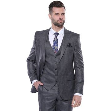 Çizgili Slim Fit Gri Yelekli Takım Elbise