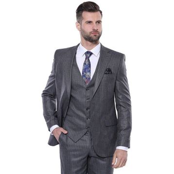 Çizgili Slim Fit Gri Yelekli Takım Elbise