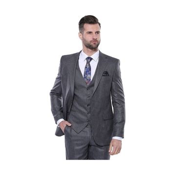 Çizgili Slim Fit Gri Yelekli Takım Elbise