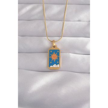 Clariss 316L Çelik Gold Renk Mavi Mineli Güneş Model Tarot Kolye