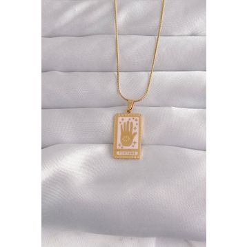 Clariss 316L Çelik Gold Renk Pembe Mineli El Figür Tarot Kolye
