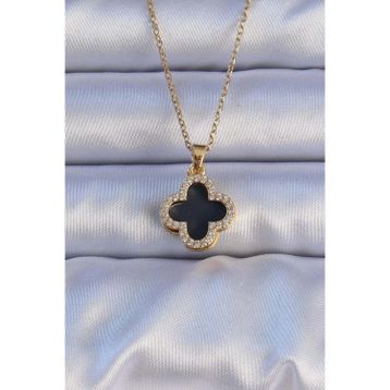 Clariss 316L Çelik Gold Renk Siyah Mineli Zirkon Taşlı Yonca Figürlü Kolye