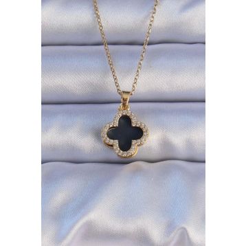 Clariss 316L Çelik Gold Renk Siyah Mineli Zirkon Taşlı Yonca Figürlü Kolye