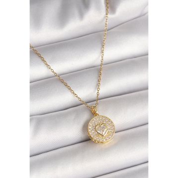Clariss 316L Çelik Gold Renk Zincir Madalyon Zirkon Taşlı Kalp Model Kadın Kolye