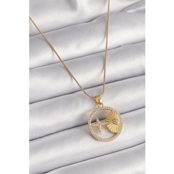 Clariss 316L Çelik Gold Renk Zincir Zirkon Taşlı Yıldız İşleme Madalyon Model Kadın Kolye