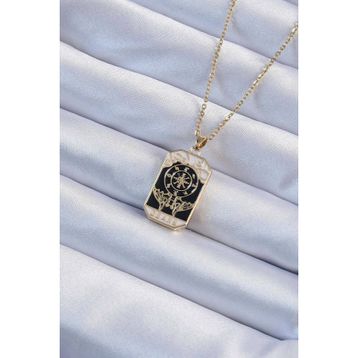 Clariss 316L Çelik Zincir Altın Renk İşlemeli Siyah Mineli Tarot Kolye