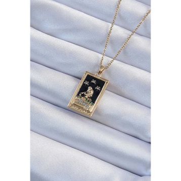 Clariss 316L Çelik Zincir Altın Renk Zirkon Taşlı Siyah Mineli Kız Figürlü Tarot Kolye