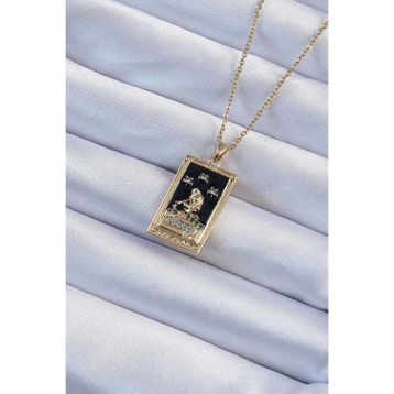 Clariss 316L Çelik Zincir Altın Renk Zirkon Taşlı Siyah Mineli Kız Figürlü Tarot Kolye