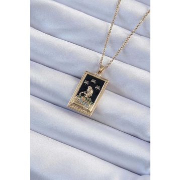 Clariss 316L Çelik Zincir Altın Renk Zirkon Taşlı Siyah Mineli Kız Figürlü Tarot Kolye