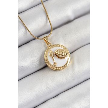 Clariss 316L Çelik Zincir Beyaz Mineli Sanatsal Portre İstiridye Model Gold Renk Kadın Kolye