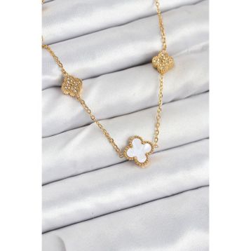 Clariss 316L Çelik Zincir Gold Renk Beyaz ve Zirkon Taşlı Yonca Kadın Kolye