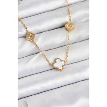 Clariss 316L Çelik Zincir Gold Renk Beyaz ve Zirkon Taşlı Yonca Kadın Kolye