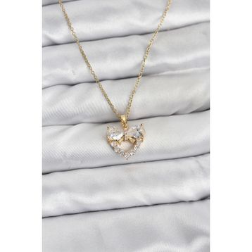Clariss 316L Çelik Zincir Gold Renk Kalp ve Fiyonk Model Zirkon Taşlı Kadın Kolye
