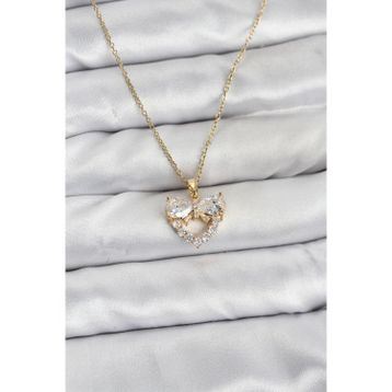Clariss 316L Çelik Zincir Gold Renk Kalp ve Fiyonk Model Zirkon Taşlı Kadın Kolye