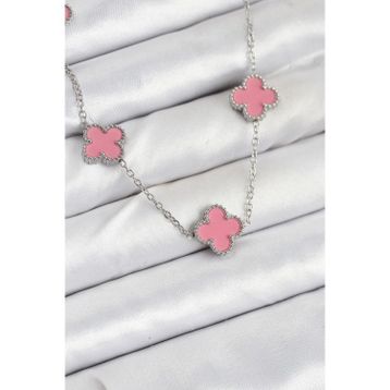 Clariss 316L Çelik Zincir Gümüş Pembe Renk Yonca Kadın Kolye